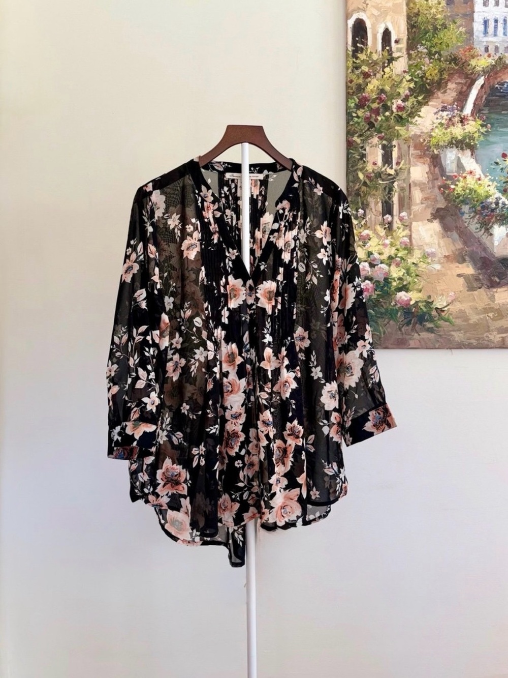 American Rag Sheer Black Floral 3/4 Sleeve Peasant Top Size Large